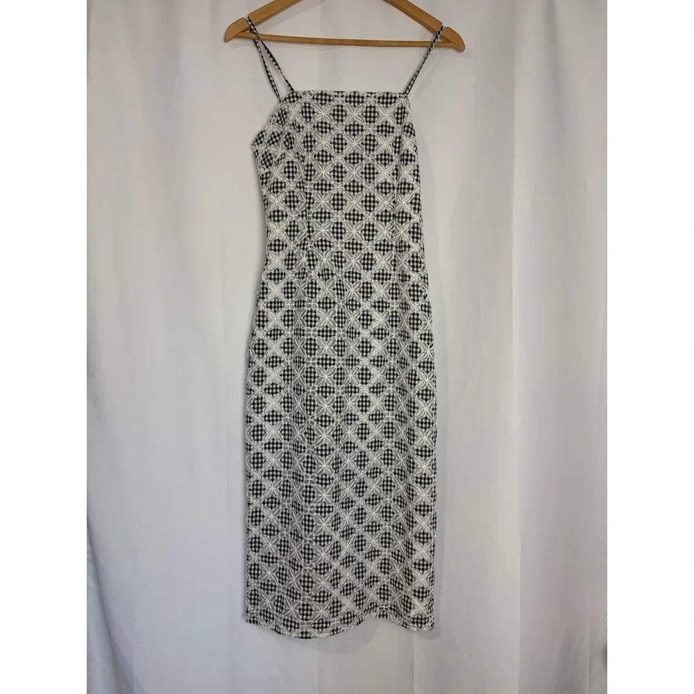 Lulus Gingham Eyelet Midi Dress Black‎ White Checkered Floral Embroidery Cottage